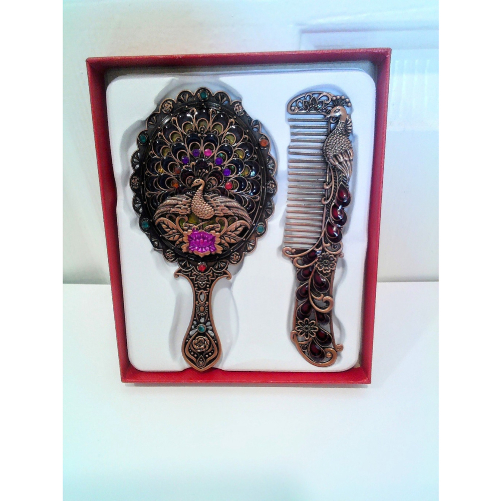 Vintage Peacock Shaped Mirror And Hair Brush Set Style T